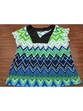 Notations XL Blue Green Chevron Geometric Stretch Knit Top Office Boho Chic